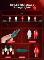C9 LED Christmas Lights Outdoor, 50 FT 50 Red and Warm White Connectable C9 String Lights for Christmas Tree Patio Roofline Garden Backyard Holiday Party Indoor Outdoor Decoration, Green Wire