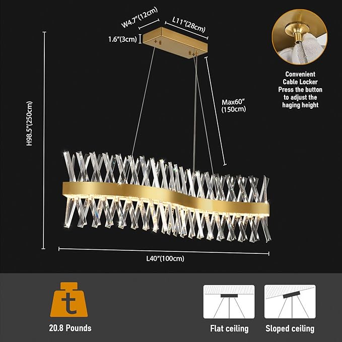 Modern Crystal Chandeliers, Luxurious S-Shape Chandeliers for Dining Room Over Table, L40 Gold Rectangular Dining Room Chandelier, Linear Kitchen Island Lighting, Dimmable Ceiling Light Fixture