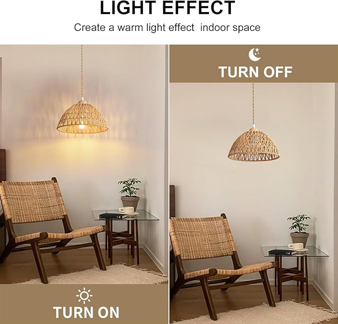 Farmhouse Wicker Pendant Light, 3-Light Boho Rattan Chandelier Light Fixture, Ceiling Hanging with Woven Lampshade, for Kitchen Bedroom Island Hallway, ETL Listed