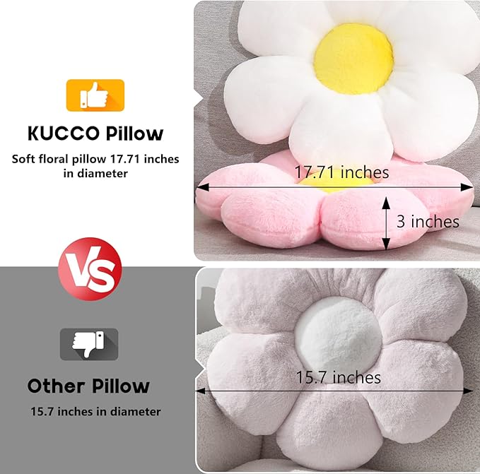 17.7 Inch White Flower Pillow – Daisy Shaped Cute Decorative Throw Pillow, Soft Floral Seating Cushion Floor Pillows for Sofa, Bed, Chair & Room Decor