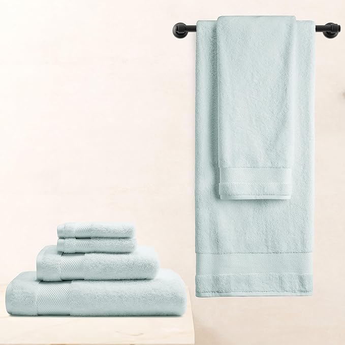 BIOWEAVES 100% Organic Cotton 700 GSM Plush 6-Piece Towel Set GOTS Certified, 2 Bath Towels, 2 Hand Towels & 2 Washcloths - Seafoam