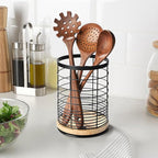 Utensil Holder for Kitchen Rotating Utensil Crock for Countertop, Cooking Utensil Organizer for Spatula with Rotatable Wooden Base