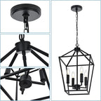 MELUCEE Farmhouse Chandelier 4 Lights Lantern Pendant Light in Black Finish Vintage Openwork Cage Hanging Light Ceiling for Kitchen Island Dining Room Hallway Entryway, E12 Base
