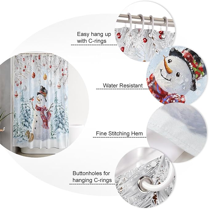 Snowman Shower Curtain, Blue Merry Christmas Tree Red Balls Squirrel Shower Curtains Set with Hooks, Winter Waterproof Fabric Bathroom Curtains Decor Home Accessories,72 X 84 Inch Extra Long