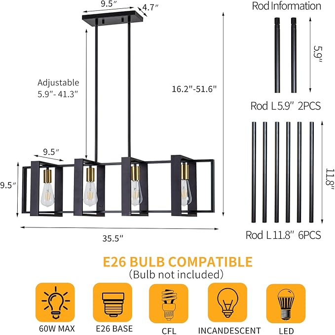 Farmhouse Kitchen Island Lighting Black Chandeliers for Dining Room Wooden Island Lights,Industrial Rectangle Light Fixtures Ceiling Hanging (4 Lights)