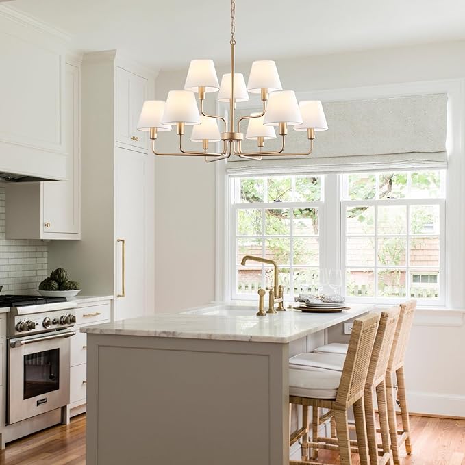 9-Light Gold Chandelier Light Fixture with White Fabric Shades, 33 inch Modern Farmhouse Dining Room Light Fixtures, 2 Tiered Lantern High Ceilings Pendant Light for Foyer Entryway Living Room Kitchen