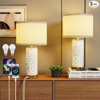 Ceramic Table Lamps Set of 2, UpDown Dual Light with USB C+A, 22"Bedroom Lamp&Beside Lamp with 3 Color Temperature for Bedroom and Living Room, Night Light for Nightstand and Desk Decor (With 2 Bulbs)