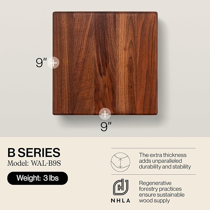 John Boos B Series Square Wooden Walnut Cutting Board 9”x9” – 1.5” Thick, 3-lb Non-Reversible Butcher Block with Wood Bun Feet & Edge-Grain