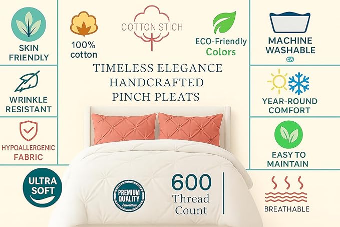 COTTON STICH Pinch Pleated Pillow Shams Pink Solid Standard 20x26 Set of 2 Pillowcase 600 Thread Count 100% Egyptian Cotton Luxurious& Decorative Pinch Pleated Pillow Shams (Pink, Standard 20X26)