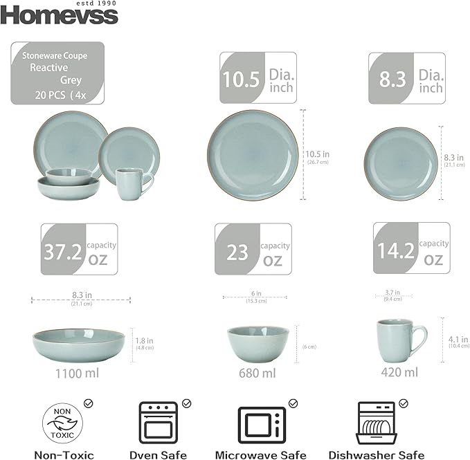 Eur-Nordic Shape Raising Rim 20pc Dinnerware Set, Shiny Glaze Grey with Speckle Effect