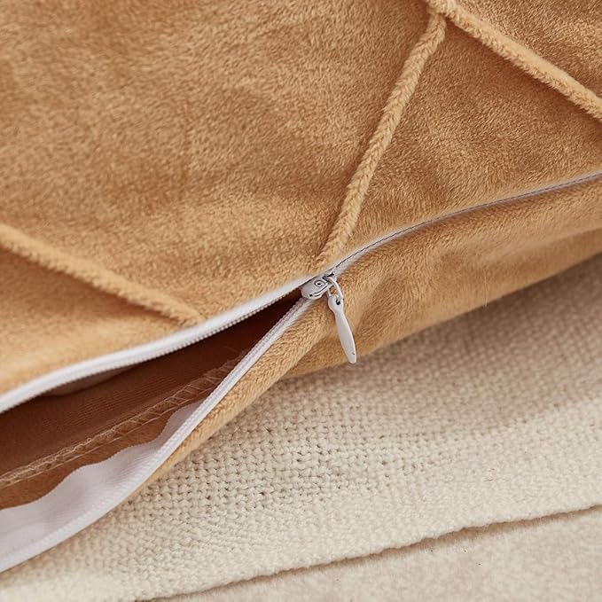 JAUXIO Diamond Pinch Pleated Crystal Velvet Pillowcases 2 Pack Solid Pintuck Throw Cushion Cover for Home Decor Hidden Zipper Closure (Camel, Standard)