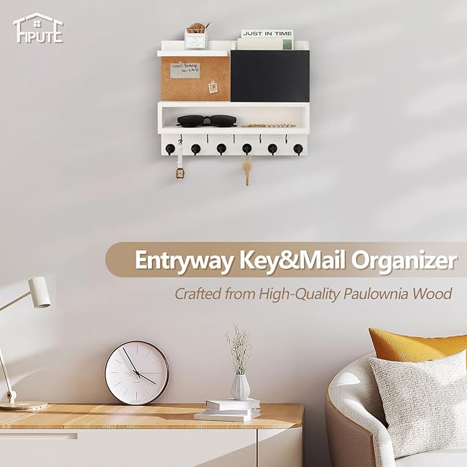 Key Holder for Wall Mount with Mail Organizer, Farmhouse Key Holder for Wall with Shelf, Chalkboard&Corkboard, Entryway Organizer 11 Metal Hooks, Decorative Natural Pine Wood, 14.6*11.1*3.3”, A-White
