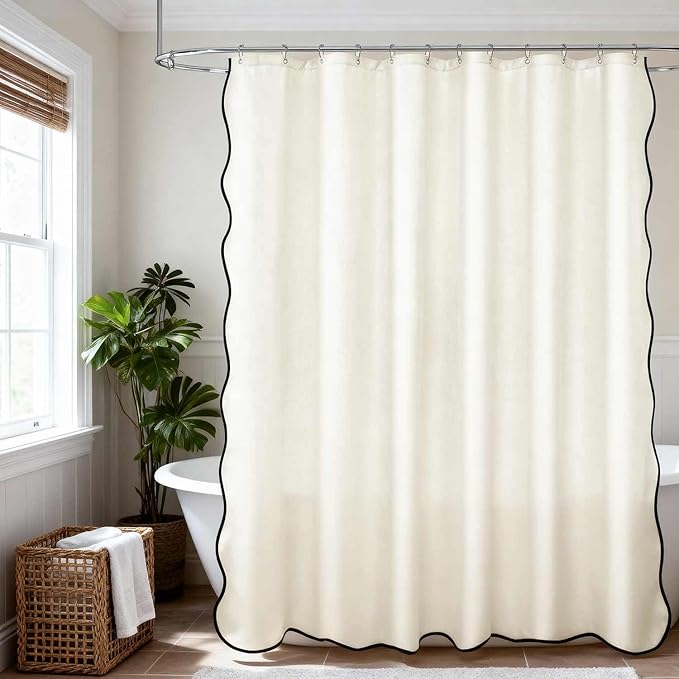 Scalloped Shower Curtain Linen Textured with 12 Metal Hooks Cute Modern Style, Washable Waterproof Cloth Shower Curtains with Black Border for Bathroom Decor Hotel Bathtub, Beige/Cream, 72x72