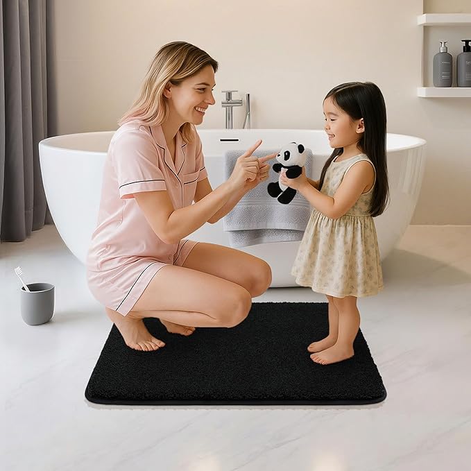 COSY HOMEER Bathroom Rugs Mat 24”x36” Absorbent Non-Slip Bath Mat Plush Shaggy Machine Washable Bath Rugs Soft Polyester Bath Mats for Bathroom Floor,Tub and Shower,Black