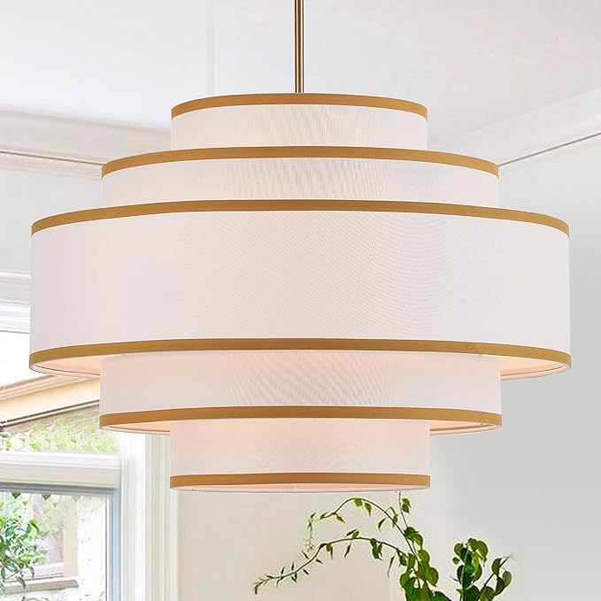 25.6" Gold Drum Chandelier with White Linen Lampshade 6-Light Modern Farmhouse Chandelier Light Fixture for Living Room, Dining Room, Kitchen Island, Entryway, Stairway
