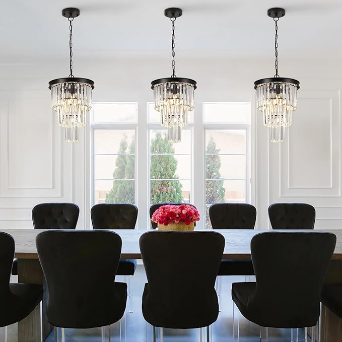 3 Pack Black Crystal Pendant Light for Kitchen Island,Modern Mini Crystal Chandeliers for Dining Room,3 Tiers K9 Ceiling Pendant Light Fixture for Hallway Bedroom Closet