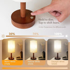 Cordless Table Lamp, 3 Color Dimming Portable Battery Lamp, Touch Control Wood Base Small Bedside Lamps for Night Stands, Living Room, Office(LED Bulb Included) (Cordless Wood Base)