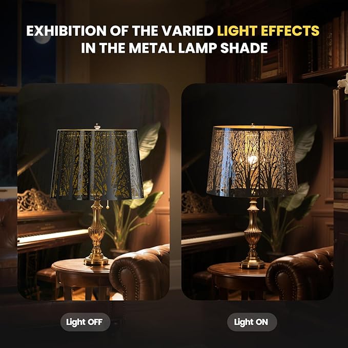 ALUCSET Stainless Steel Large Lampshade, Drum Lamp Shade 11" Top x 13" Bottom x 10" High for Table Floor Lamps, Black Polished Gold-plated Etched Forest Replacement Shade, Spider Fitter