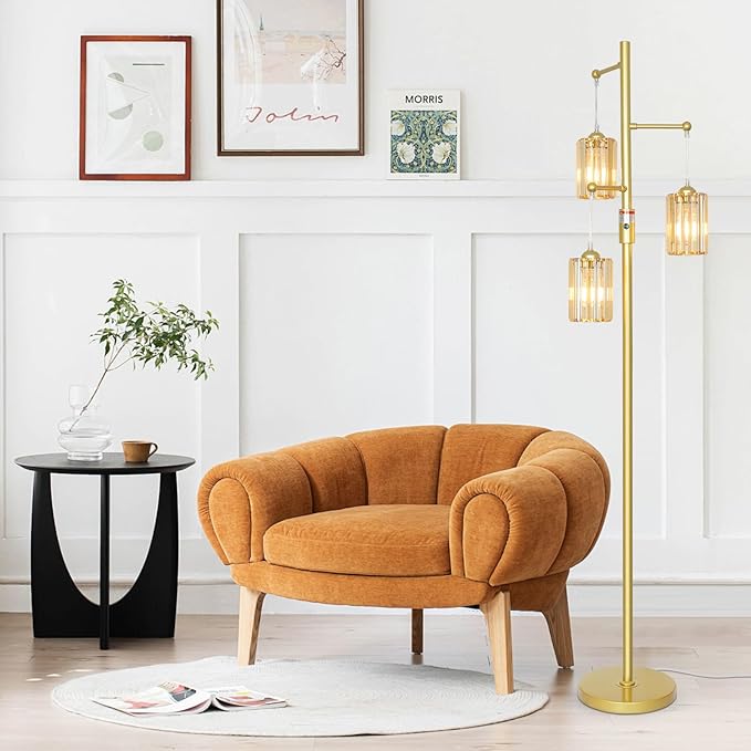 Boho Gold Crystal Floor Lamp, 3 Lights Vintage Dimmable Standing Lamp with Amber Crystal Shade, Dimmer Switch, Mid Century Modern Tree Lamp, 65IN Brass Tall Corner Lamps for Living Room Bedroom