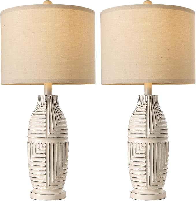 BOBOMOMO 25" Farmhouse Table Lamp Set of 2 Vintage Rustic Lamps for Living Room, Resin Bedside Nightstand Lamps with Linen Lampshades, Retro Lamp for Living Room, Bedroom, Dining Room, Home Decor