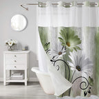 Muuyi Sage Green Watercolor Floral Shower Curtain,No Hook Shower Curtain,Polyester Shower Curtains with Snap in Fabric,Sheer Top Window for Bathroom Decor,Waterproof & Washable,72W x 75L Inch