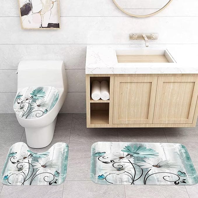 Rustic Farmhouse Shower Curtain Set, Butterfly Design and Teal Daisy Floral Flowers, Turquoise, Bath Mat, Toilet Lid Cover, U Shaped Rugs, 12 Hooks, 70.8 x 70.8 Inches,Waterproof.