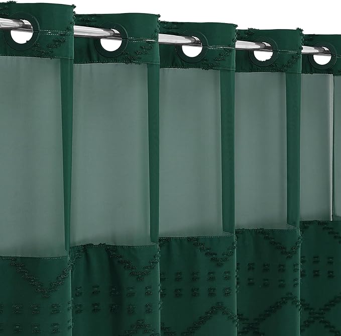 No Hooks Boho Dark Green Woven Fabric Shower Curtain 72 x 86 Modern Farmhouse, Tufted Chevron Striped Shabby Chic Textured, Minimalist Hookless Shower Curtains for Bathroom, Hotel Decor
