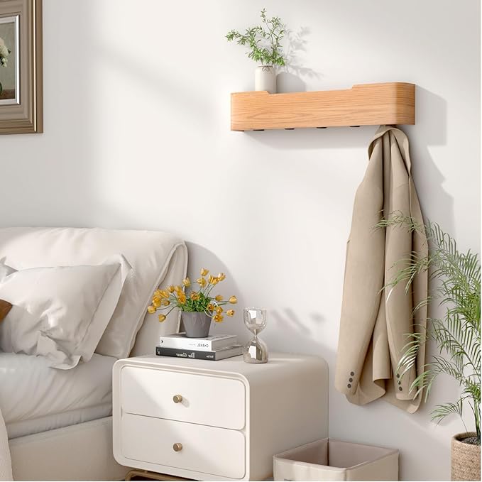 Coat Rack Wall Mount Entryway Organizer Modern Key Holder Wall Mount with Wooden Shelf Entryway Hooks for Bedroom Kitchen Hallway Bathroom for Hanging Coats Hats Bags Towels