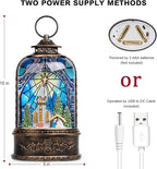 Christmas Snow Globe Lantern Water Glittering Churches & Holy Family with Music& Timer, USB Lined/Battery Operated Lighted Lantern for Christmas Festival Decoration Gifts
