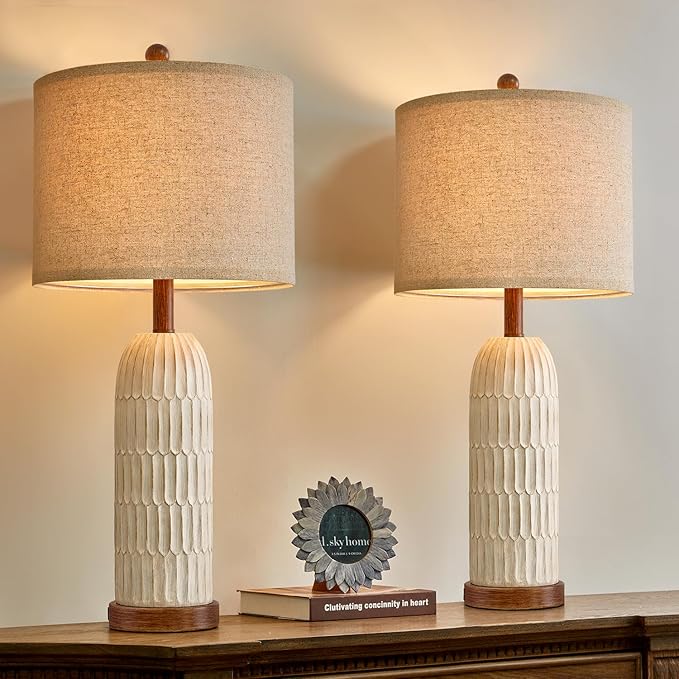 OYEARS 26.5" Table Lamp Set of 2 for Bedroom Living Room with USB A+C Charging Ports Modern Farmhouse Bedside End Lamps Rustic Nightstand Lamps,Brown