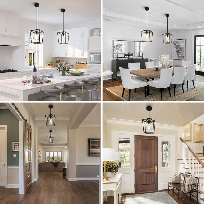 2 Pack Black Pendant Light Fixture 1-Light Farmhouse Pendant Lights Kitchen Island Lantern Iron Cage Hanging Lights with Clear Glass Shade for Entryway Dining Room Hallway Porch