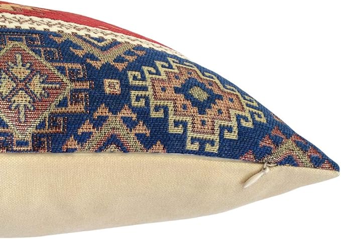 Throw Pillow Covers Kilim Red and Blue - 16 x 16 Inches Decorative Pillows, Persian Room Decor for Couch, Bohemian Square Case for Window Seat, Ethnic Cushions, Aztec Tapestry