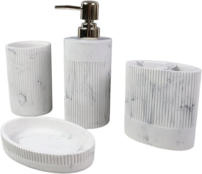 Hymmah Marble Bathroom Accessories Set,Farmhouse Bathroom Decor,4 Pcs Resin Gift Set Apartment Necessities, Contain Cotton Swab Jar,Soap Dispenser,Tumbler，Soap Dish/Tray