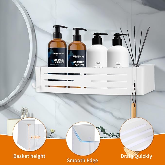 Shower Caddy Shelf Rack, Self Adhesive Shower Shelves with Hooks, Rustproof Bathroom Organizers and Storage, Home Decor Accessories (Rectangle-White)
