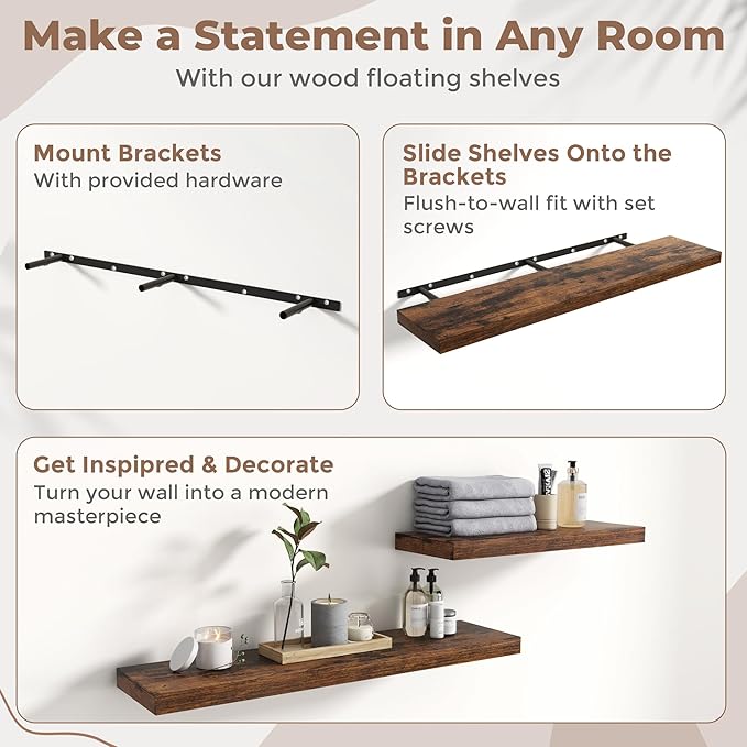 Floating Shelves for Wall with Invisible Brackets, Wall Mounted Engineered Wood Shelves with Wood Grain for Living Room, Bathroom, Kitchen Decor and Storage, Oak, 71"L Set of 2, Rustic Brown