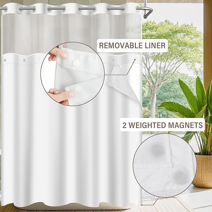 No Hook Shower Curtain with Snap in Liner and Sheer Window, Brown Modern Geometric Fabric Shower Curtain Set for Bathroom Decor, 15-Second Quick Install, Abstract Irregular Ombre, 71"X74"