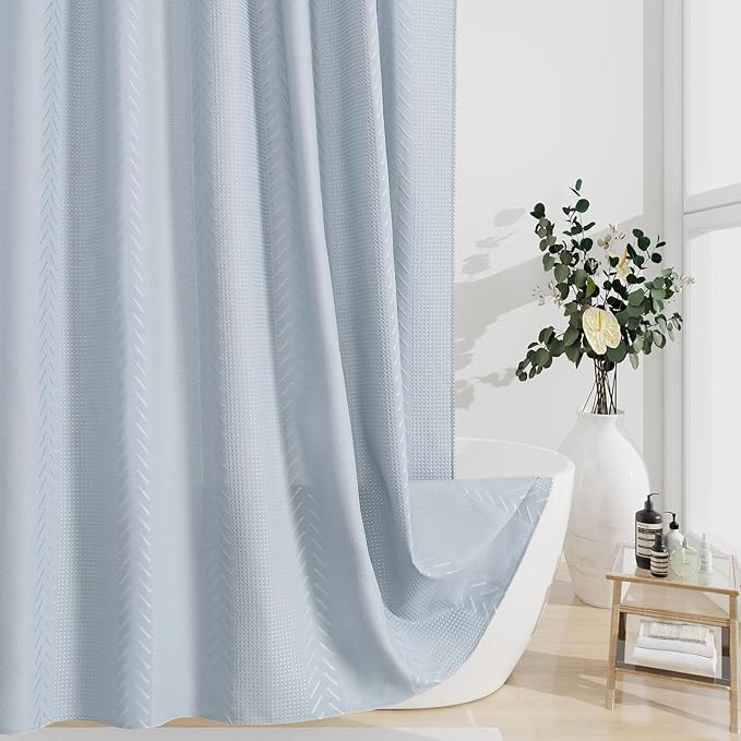 3D Embossed Pattern Shower Curtain, Simple and Chic Pattern Vintage Curtain for Bathroom, Waterproof Fabric Shower Curtains with Hooks, 36 W x 72 H, Fogblue