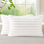 decorUhome Faux Fur Christmas Throw Pillow Covers 12x20 Set of 2, Decorative Soft Plush Striped Lumbar Neutral Couch Euro Pillow Covers with Velvet Back for Sofa, Bed, Living Room Home Decor, White
