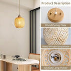 Bamboo Pendant Light Fixture, 1-Light Handmade Woven Pendant Lighting, with Adjustable Rustic Basket, for Kitchen Island Farmhouse Dining Room Living Room, ETL Listed