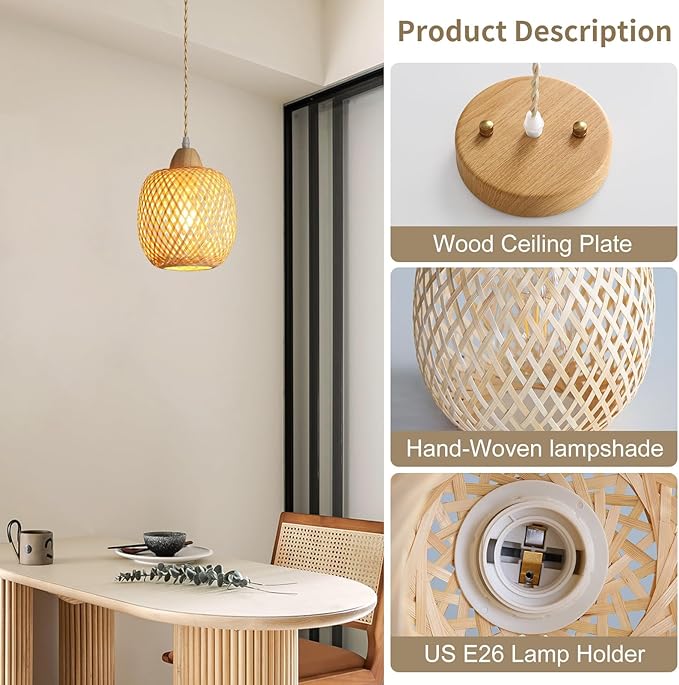 Bamboo Pendant Light Fixture, 1-Light Handmade Woven Pendant Lighting, with Adjustable Rustic Basket, for Kitchen Island Farmhouse Dining Room Living Room, ETL Listed