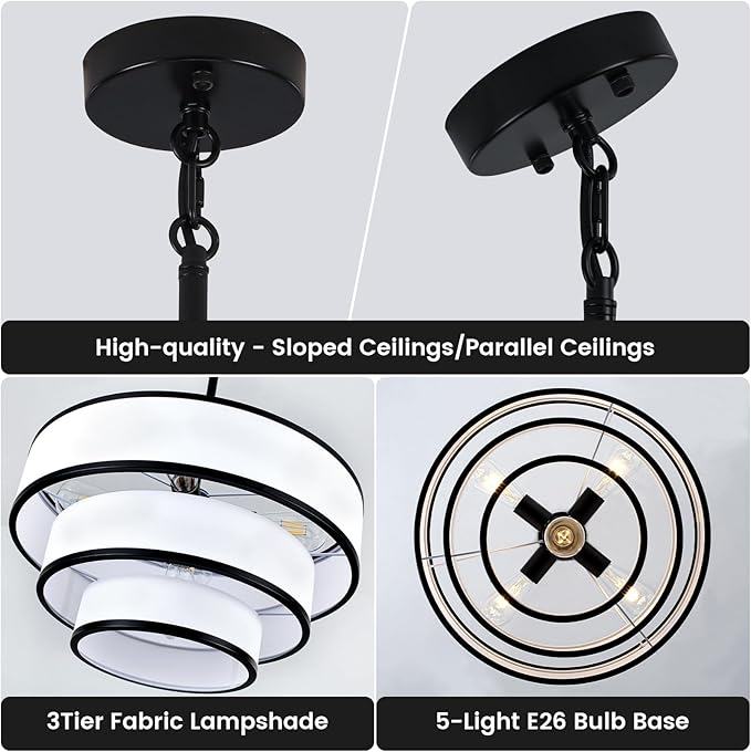 19.8'' Drum Chandelier for Dining Room Light Fixtures 5-Light White Fabric Pendant Light Fixture, Modern Farmhouse 3-Tier Black Chandelier for Living Room Bedroom Entryway Staircase