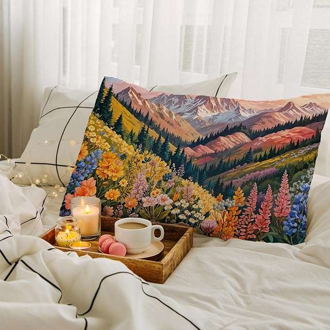 JINYO Boho Floral Mountain Pillow Covers 12x20 inch,Abstract Mountain Floral Pillow Cover Colorful Spring Wildflowers Decorative Pillow Covers for Home Bedroom Living Room Office Decor
