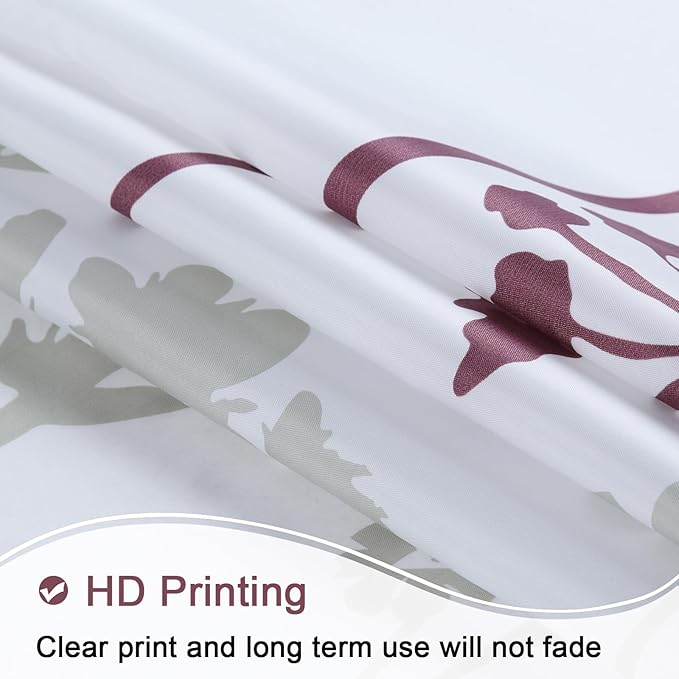 Long Fabric Shower Curtain, White and Burgundy Floral Shower Curtain, Blue and Grey Plant Shower Curtains for Bathroom, Waterproof Bathroom Curtains, 72" W x 78" H