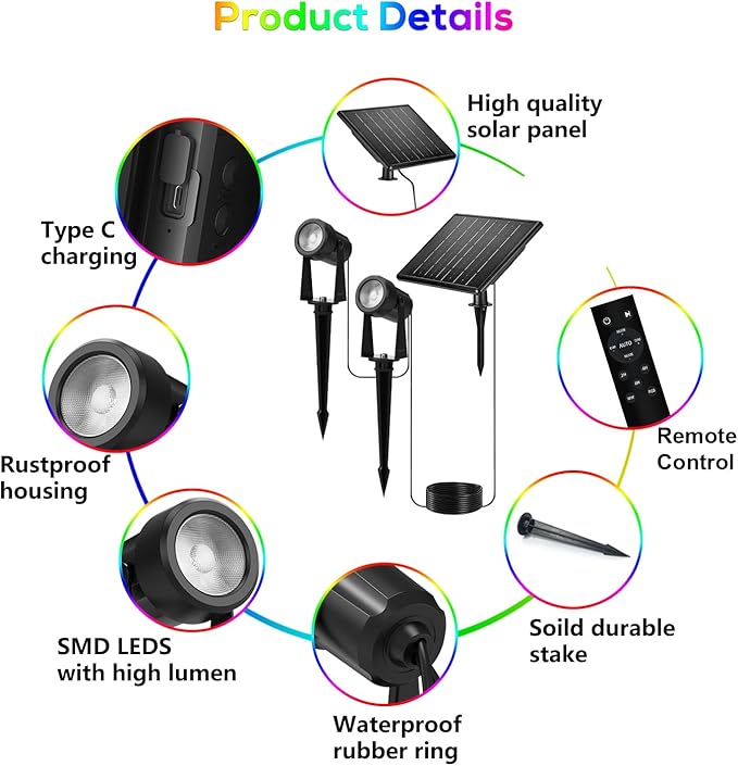 ZYAN Halloween Solar Spotlights Outdoor, RGB Color LED Lights with Remote Control, Auto On/Off Dimmable Waterproof Landscape Spot Lights for Garden, Yard, Trees, Decorations (8 Pack)