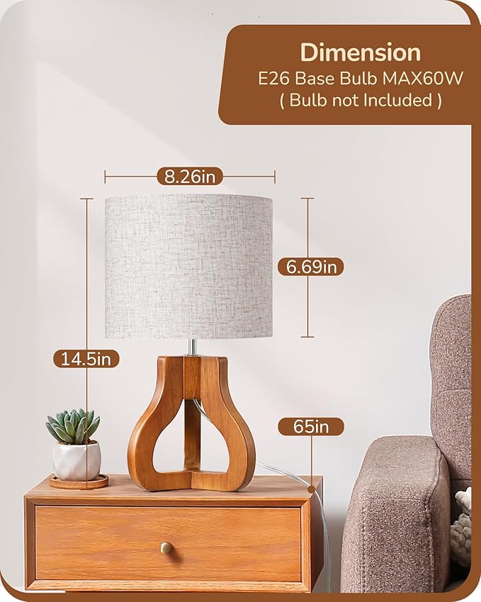 EDISHINE 14.6" Modern Table Lamp, Rose Wood Tripod Nightstand Lamp for Bedroom, Beige Linen Shade, Small Cute Bedside Lamp for Living Room, Office, On-Off Line Switch, E26 Base(Bulb Not Included)