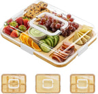 SpaceAid Charcuterie Board with Clear Lid, Portable Travel Cheese Cutting Boards for Picnic Accessories, Bamboo Serving Tray with Lids, House Warming Gifts, White Handles, 5 Compartments
