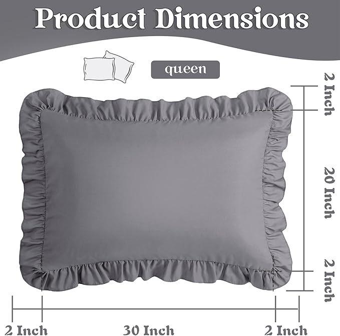KKJIAF Ruffle Pillow Cases Queen Size Set of 2, Ruffled Pillow Covers with Envelope Closure, Wrinkle Resistant Ruffled Pillow Shams 20" x 30", Grey