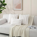 FUTEI Cream White Decorative Throw Pillow Covers 16x16 Inch Set of 2, Square Soft Faux Rabbit Fur Big Striped Cushion Cover,Home Decor for Couch Sofa Bed Living Room