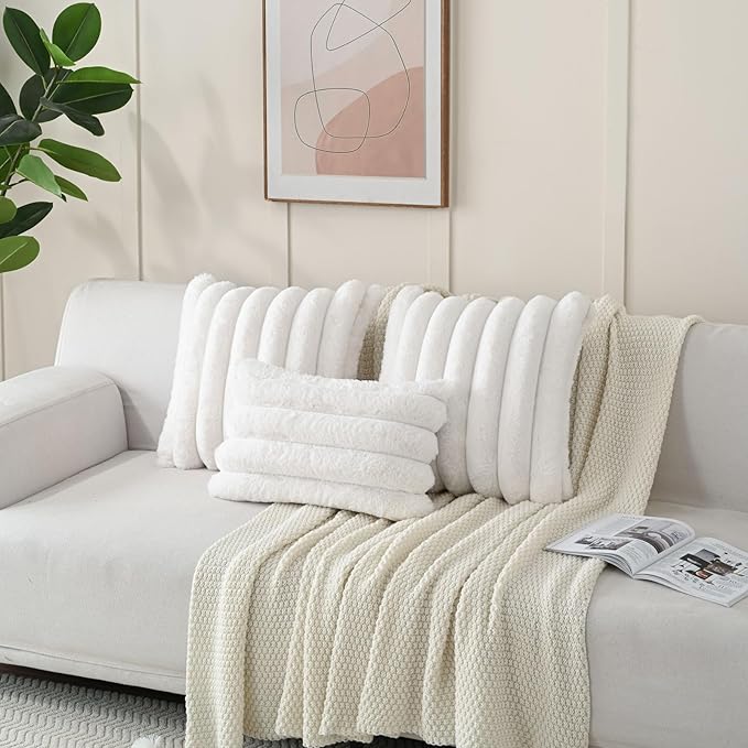 FUTEI Cream White Decorative Throw Pillow Covers 18x18 Inch Set of 2, Square Soft Faux Rabbit Fur Big Striped Cushion Cover,Home Decor for Couch Sofa Bed Living Room