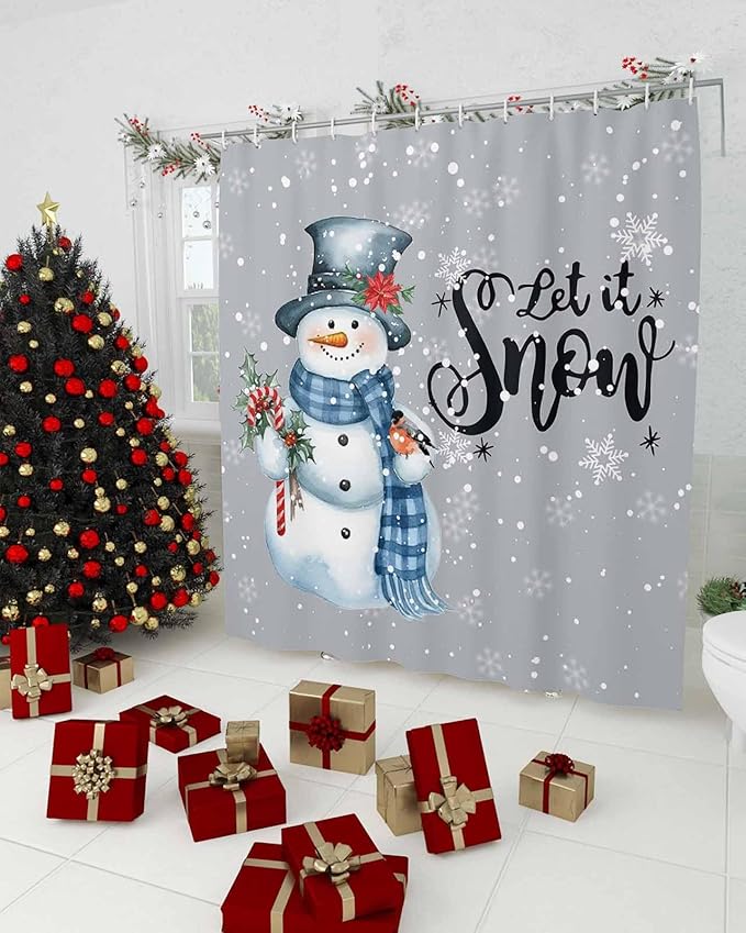 Vandarllin Snowman Christmas Shower Curtain, Let It Snow Winter Holiday Shower Curtains Set with Hooks, Grey White Waterproof Fabric Bathroom Curtains Decor Home Accessories,72 X 78 Inch Long